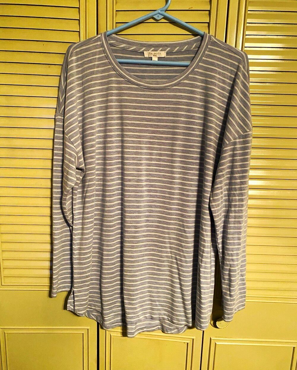 Talbots Womens Petite PXL Blue/White Striped Cotton Long Sleeve Round Neck Tee